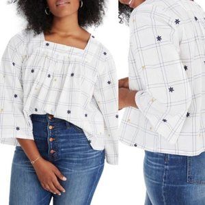Madewell XS Cotton Window Pane Plaid Navyl Long Sleeve Embroidered Blouse Top
